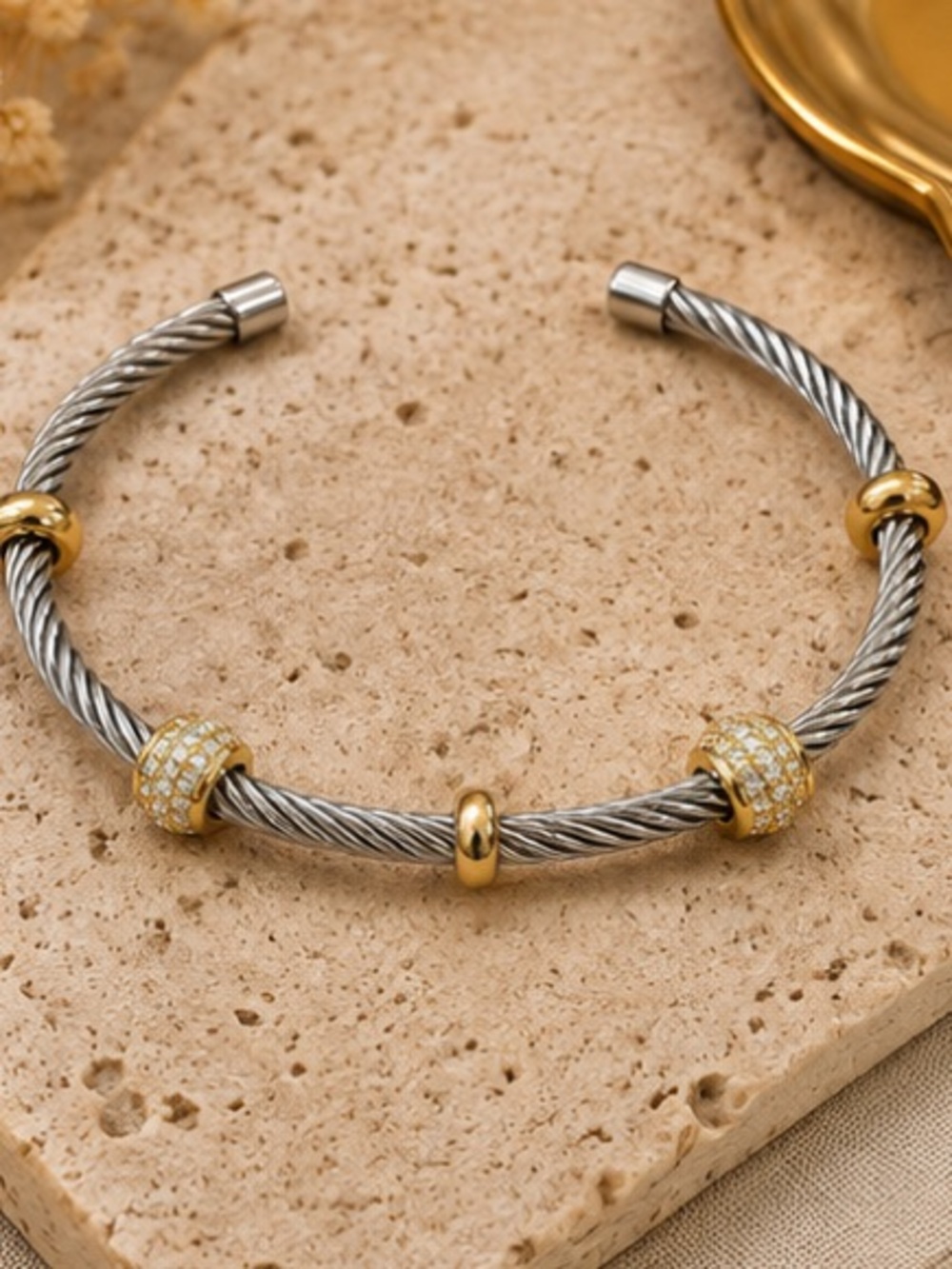 Designer Inspired Two-Tone Cable Cuff Bracelet with Gold Accents
